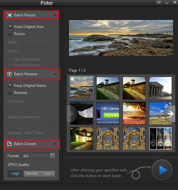 resize photo rename photo in Fotor photo editing batch